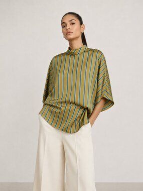 Rêveuse Olive Green Blue Striped Side-Twist Raw Edge Blouse Medium